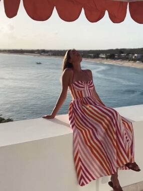Emporio Sirenuse Pink & Orange  Striped Linen Maxi Dress From Positano US M/L
